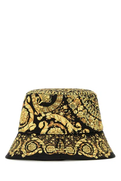 Versace Men Printed Polyester Bucket Hat In Yellow