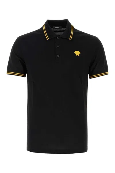 Versace Black Polo Shirt With Classic Collar And Medusa Embroidery On The Front