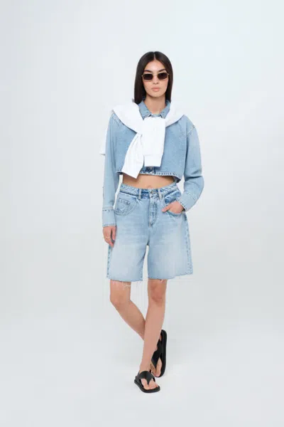 Icon Denim Grey Jeans With Wide Leg And Logo Patch On The Rear In Denim Woamn In Blue