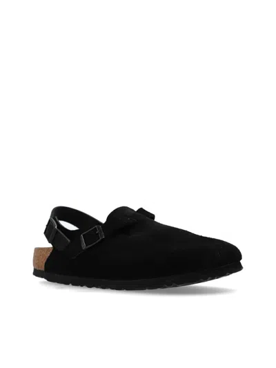 Birkenstock Buckle Cork Open Suede Mules In Black