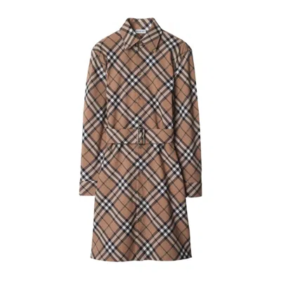 Burberry Waist Belted Shirt Dress With Checked Pattern In Brown