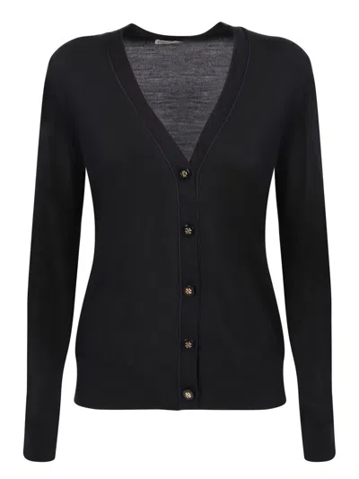 Tory Burch Fitted V-neck Cardigan With Decorative Buttons In Black
