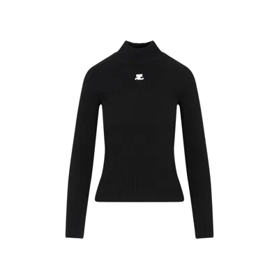 Courrèges Black Reedition Rib Knit Mock Neck Sweater