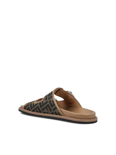 Fendi Canvas Feel Slippers With Adjustable Straps And Ff Motif Embroidery