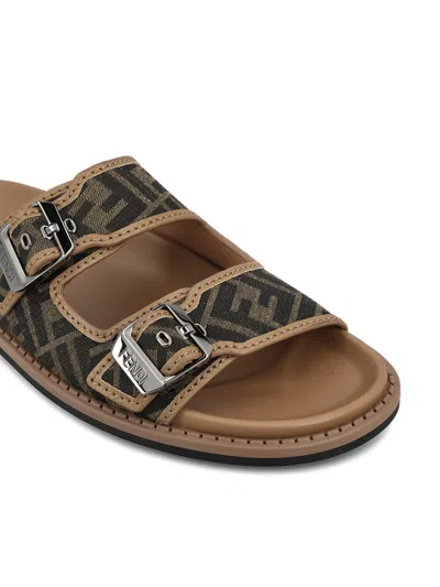 Fendi Canvas Feel Slippers With Adjustable Straps And Ff Motif Embroidery