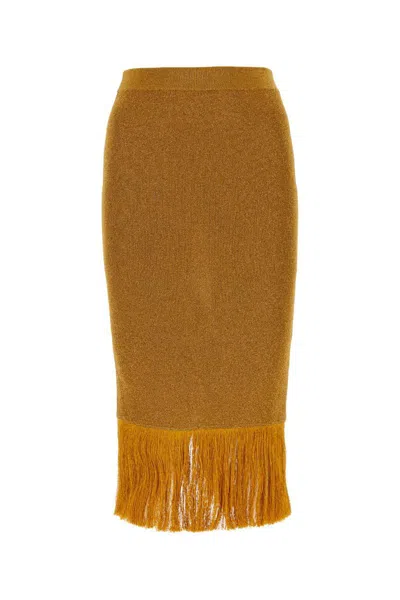 Bottega Veneta Fringed Hem Lurex Ribbed Midi Skirt In Brown