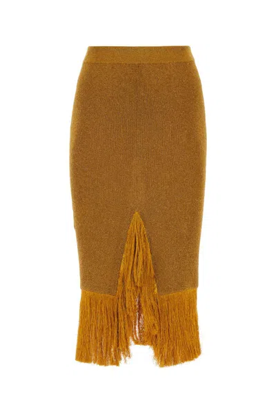 Bottega Veneta Fringed Hem Lurex Ribbed Midi Skirt In Brown
