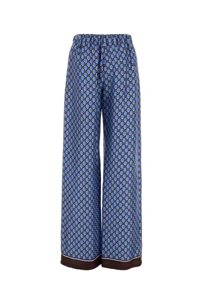 Gucci Silk Pant With Printed Pattern And Contrasting Hem In Blue