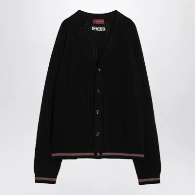 Gucci Crochet Cardigan With V Neck And Striped Hem In Black