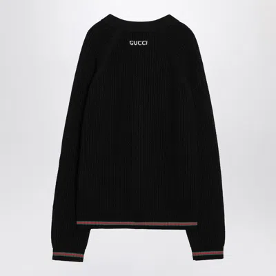 Gucci Crochet Cardigan With V Neck And Striped Hem In Black