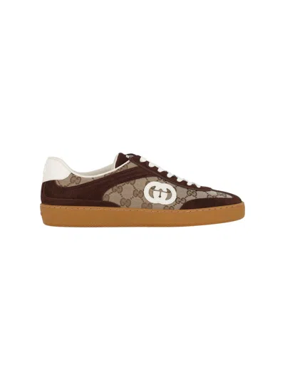 Gucci Men G75 Low-top Supreme Gg Fabric And Suede Sneakers In Brown
