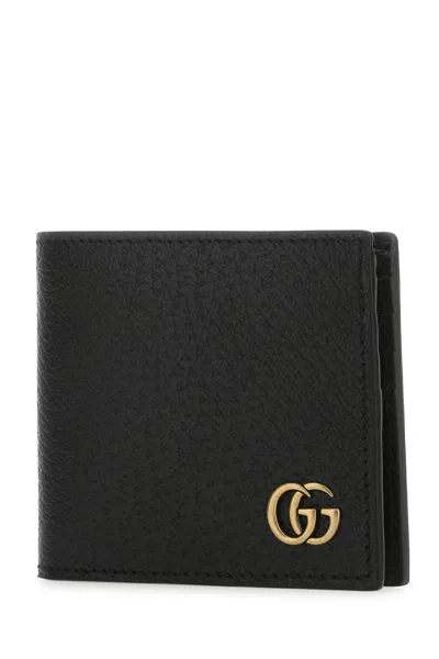 Gucci Black Bi-fold Wallet With Gg Marmont Logo In Hammered Leather Man In Black