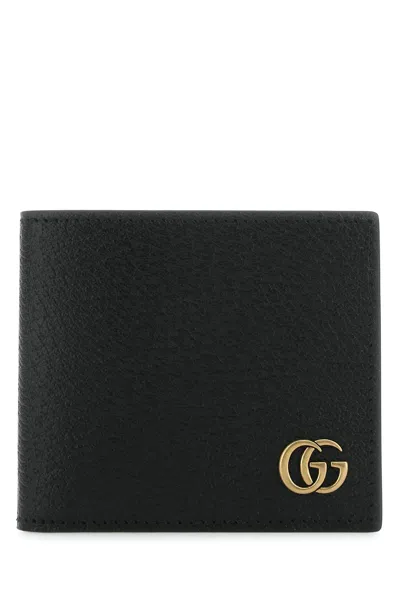 Gucci Black Bi-fold Wallet With Gg Marmont Logo In Hammered Leather Man In Black
