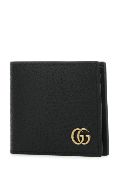 Gucci Black Bi-fold Wallet With Gg Marmont Logo In Hammered Leather Man In Black