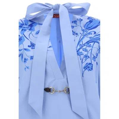 Gucci Midi Dress With Floral Embroidery And V-neckline In Blue
