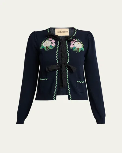 Valentino Embroidered Virgin-wool Cardigan In Blue