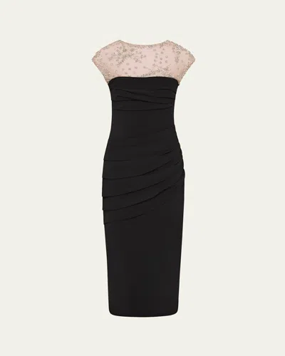 Rachel Gilbert Dottie Floral Crystal Sheer Draped Dress