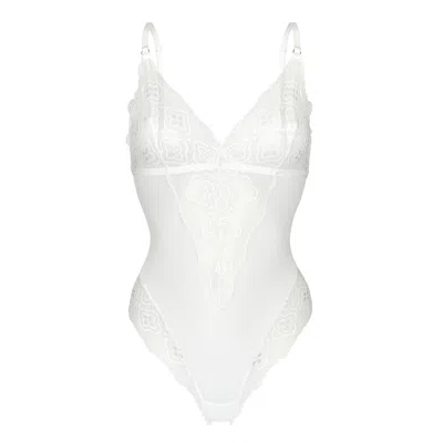 Luciela Women's White High-leg Lace Bodysuit