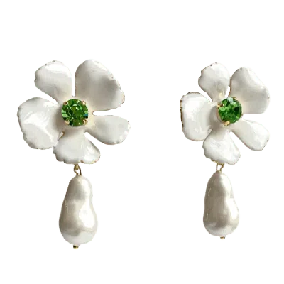 Laura Gray Women's White Enamel Flower Pearl Drop Post Earrings