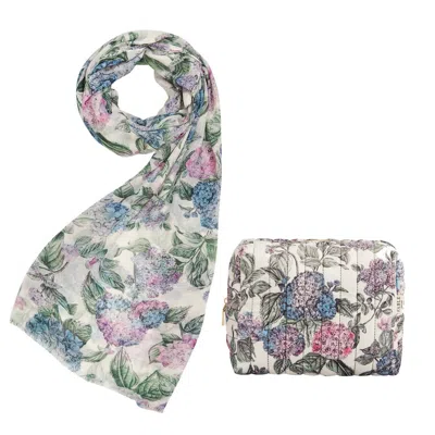 Fable England Neutrals / Pink / Purple Hydrangea Lightweight Scarf & Hydrangea Large Quilted Makeup Bag Set