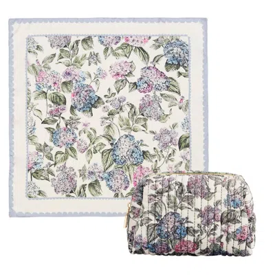 Fable England Neutrals / Pink / Purple Hydrangea Small Quilted Makeup Bag & Hydrangea Square Scarf Set