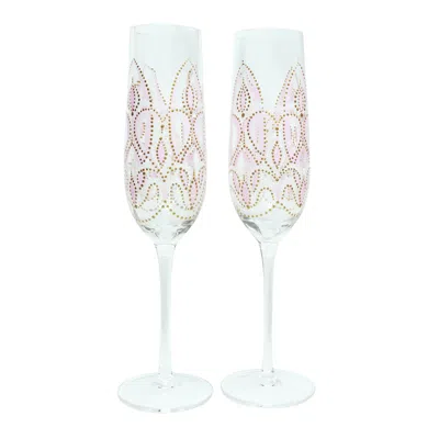 2kstyle White / Pink Iris Set Of Two Hand-painted Champagne Flutes - Multicolor