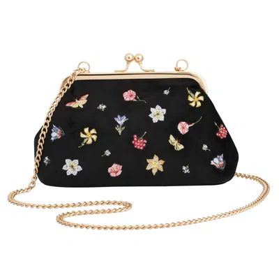 Fable England Women's Floral Ditsy Embroidered Black Velvet Clutch Bag