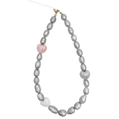 Farra Grey Gray Freshwater Pearls With Pink Hearts Phone Strap
