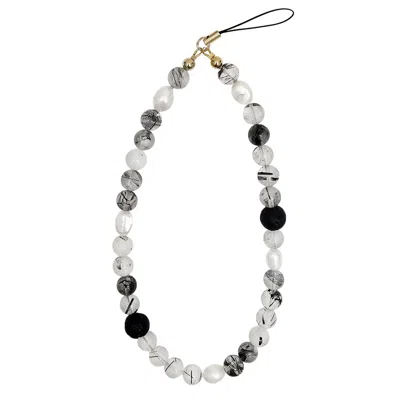 Farra Black Rutilated Quartz With Lava Stone And Pearls Phone Strap