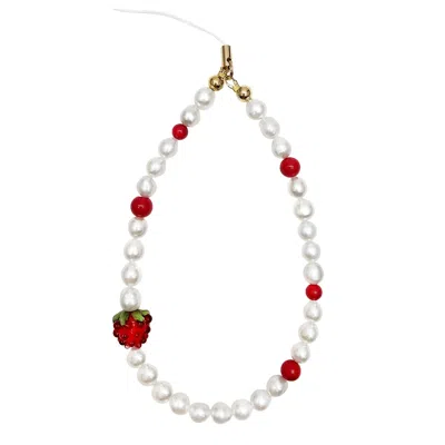 Farra White Freshwater Pearls With Red Raspberry And Bamboo Coral Phone Strap