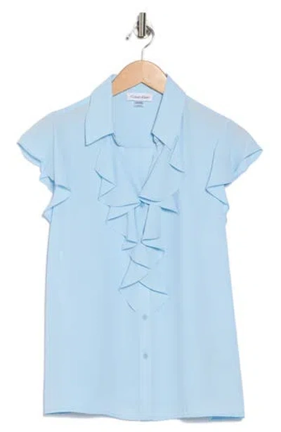 Calvin Klein Ruffle Cap Sleeve Top In Blue