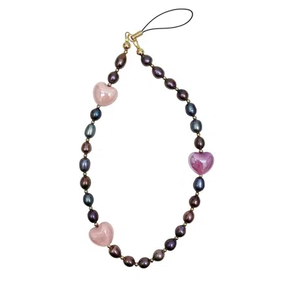 Farra Pink / Purple Purple Freshwater Pearls With Pink Hearts Phone Strap