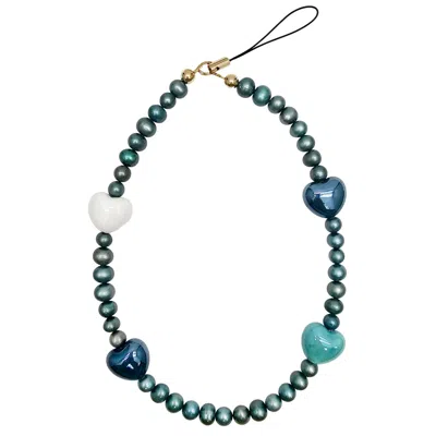 Farra Green Freshwater Pearls With Hearts Phone Strap