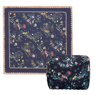 Fable England Blue Running Bunny Toile Square Scarf & Running Bunny Large Quilted Makeup Bag Set