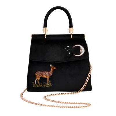 Fable England Women's Deer & Moon Embroidered Black Velvet Tote
