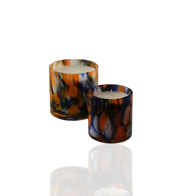 Marleth Blue / Yellow / Orange Murano Glass Candle Holders, Set Of Two & Hand Blown Warm Tones In Amber & In