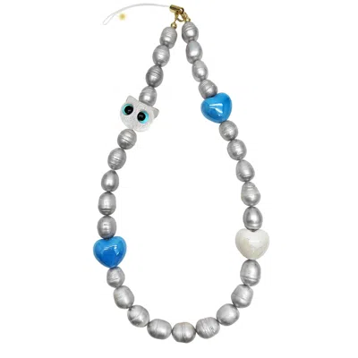 Farra Grey Freshwater Pearls With Cat And Blue Heart Phone Strap