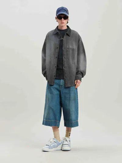 Palm Angels Lasered Curved Logo Denim Skater Bermuda In Blue