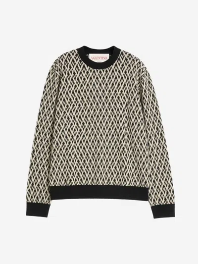 Valentino Crewneck Wool Jumper With Toute La V Jacquard Pattern In Black