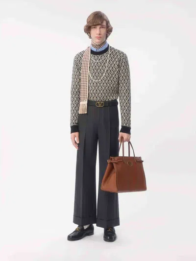 Valentino Crewneck Wool Jumper With Toute La V Jacquard Pattern In Black