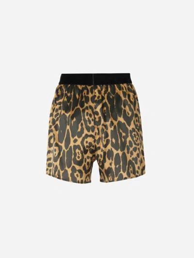 Tom Ford Multicolor Shorts With Patch Logo On The Waist And All-over Leopard Print In Silk Stretch W In Black