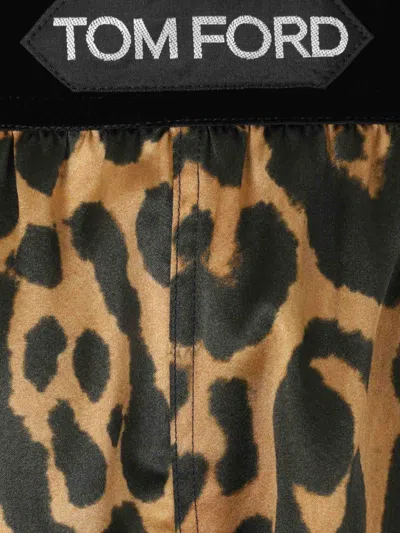 Tom Ford Multicolor Shorts With Patch Logo On The Waist And All-over Leopard Print In Silk Stretch W In Black