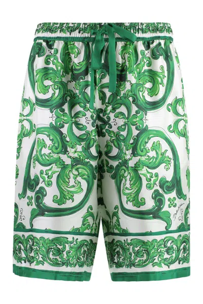 Dolce & Gabbana Maiolica Print Silk Bermuda In Green