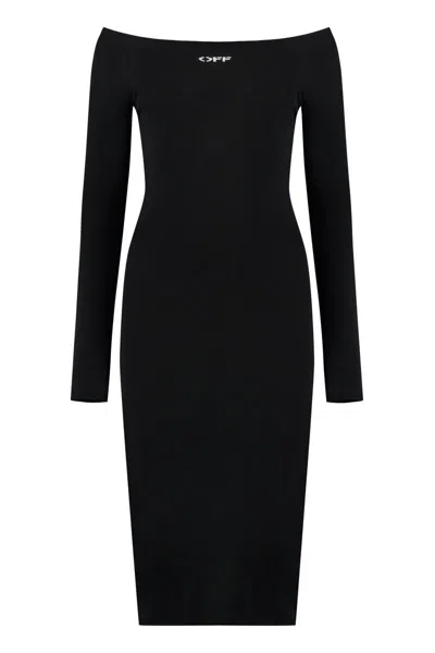 Off-white Viscose Knit Midi Dress With Logo Intarsia In Black