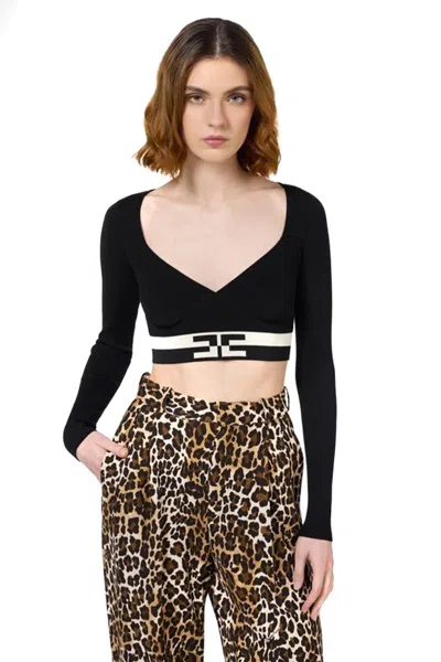 Elisabetta Franchi Fitted Multicolor V-neck Sweater With Contrasting Waist Band In Black