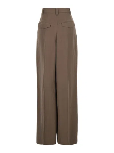 Brunello Cucinelli Brown Pants With Pleated Details In Linen Blend Woman