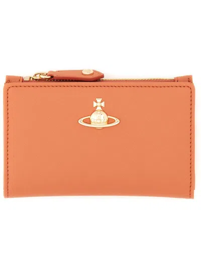 Vivienne Westwood Orange Orb Card Holder With Gold-tone Emblem In Nude