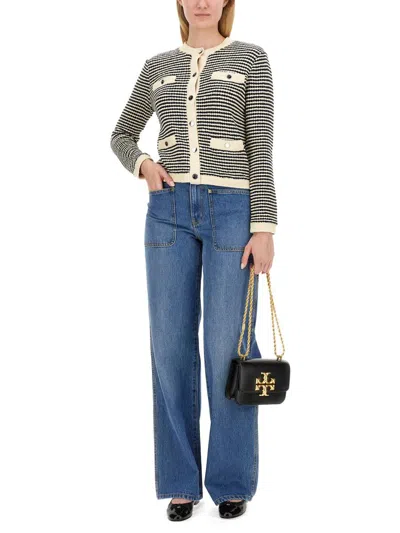 Tory Burch Kendra Contrasting-trim Striped Cardigan In Black
