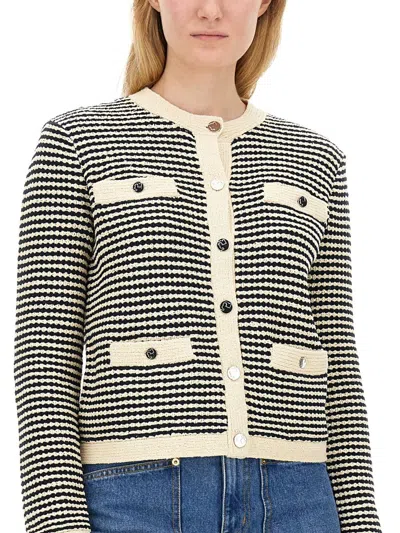 Tory Burch Kendra Contrasting-trim Striped Cardigan In Black