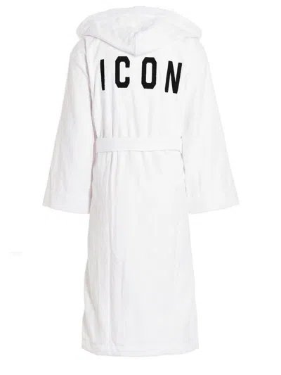 Dsquared2 Logo Hooded Bathrobe With Waist Belt In White